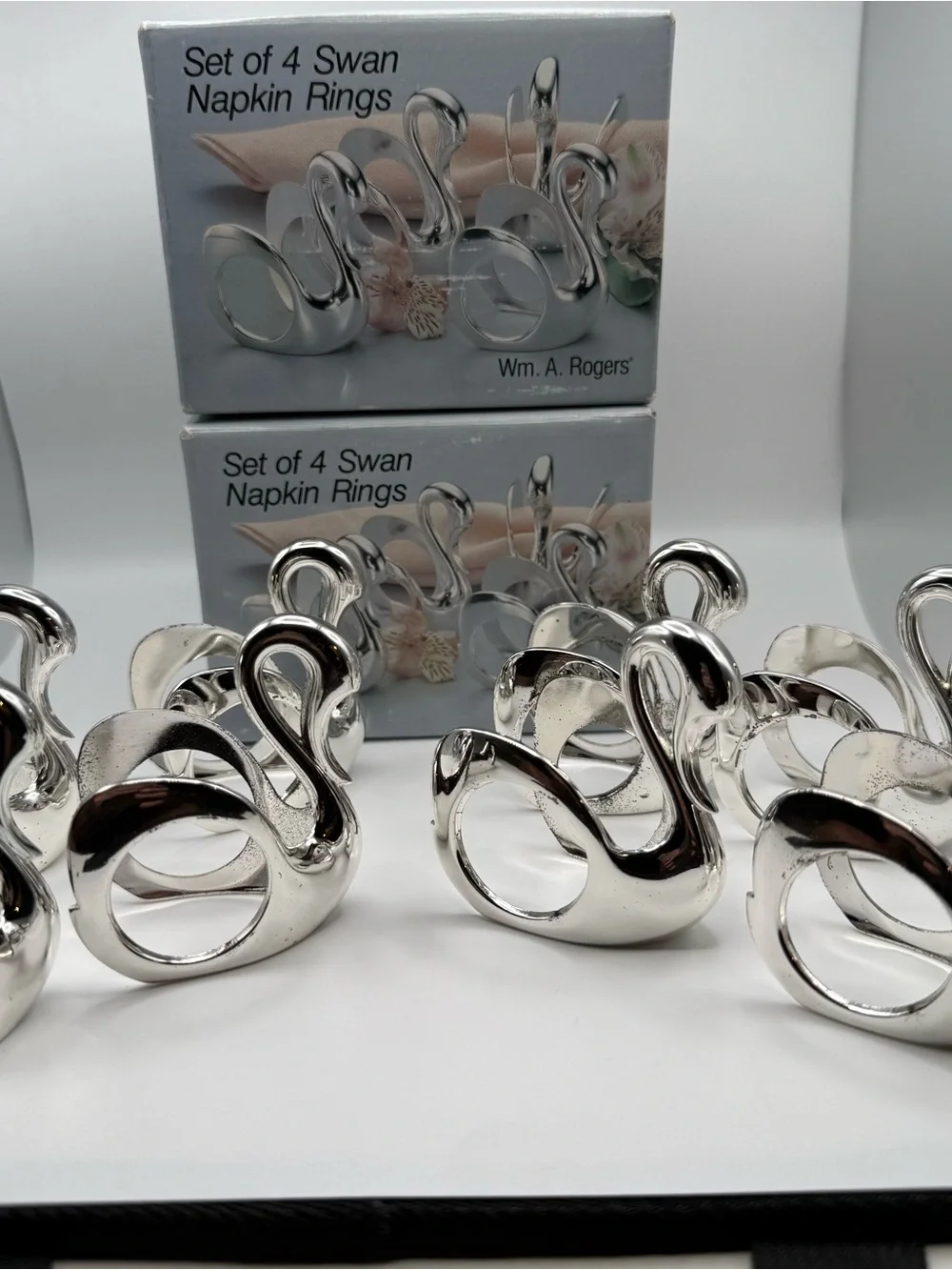 Vintage Wm A Rogers Silverplate Swan Napkin Rings Set of 8 Japan w Boxes